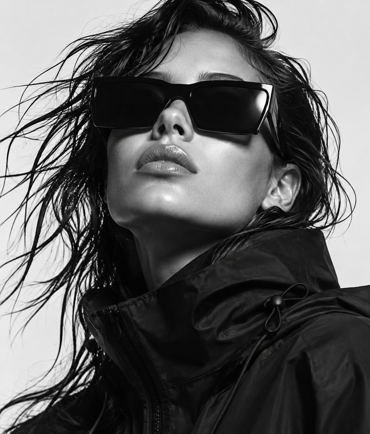 Mulher com óculos escuros em retrato editorial